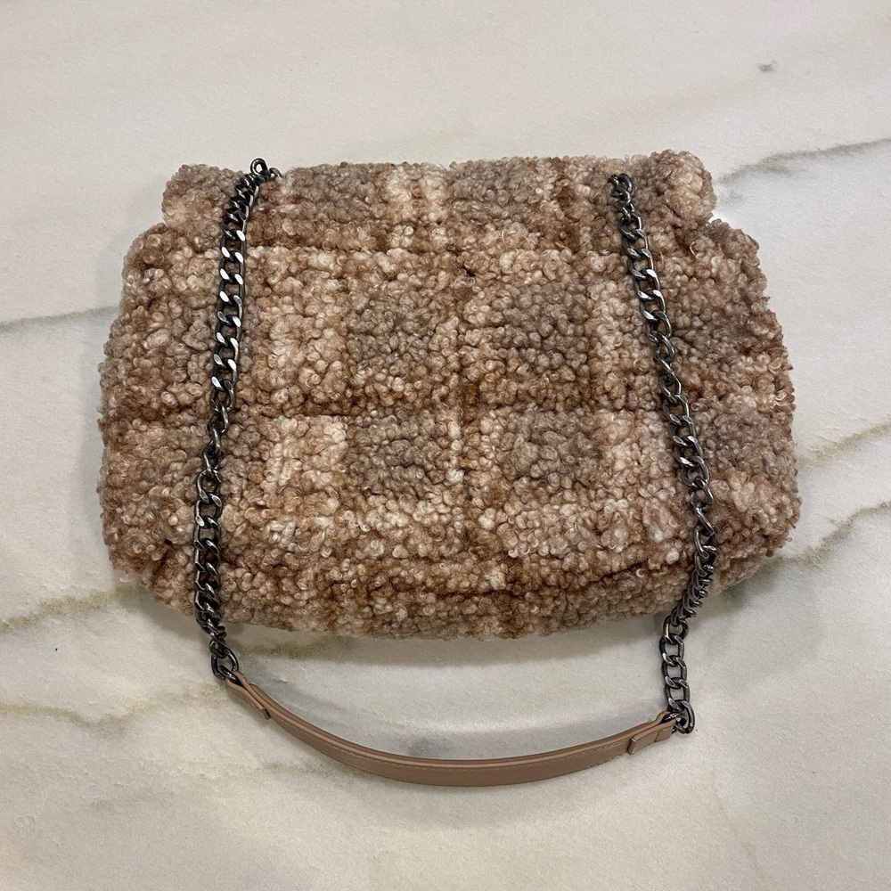 Zara Faux Fur Crossbody Flap Bag Pink Cream Tan Plaid Chain strap - Picture 13 of 13